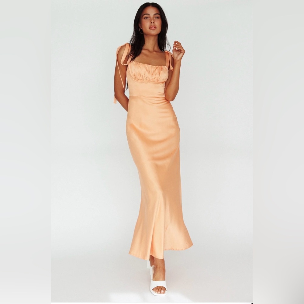 Selfie Leslie Peach Satin Maxi Dress with Tie Straps